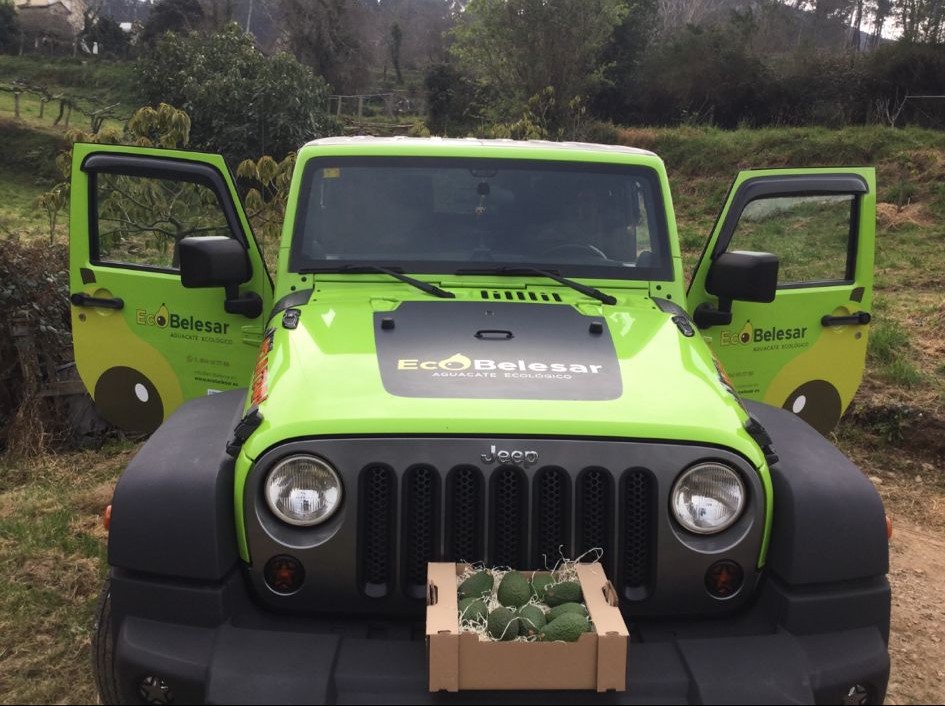 Vehículo publicitario de Ecobelesar promocionando aguacate en Vigo