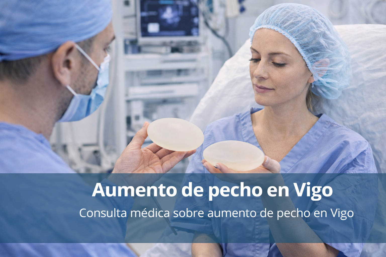Consulta sobre aumento de pecho en Vigo donde la paciente revisa implantes mamarios con el cirujano