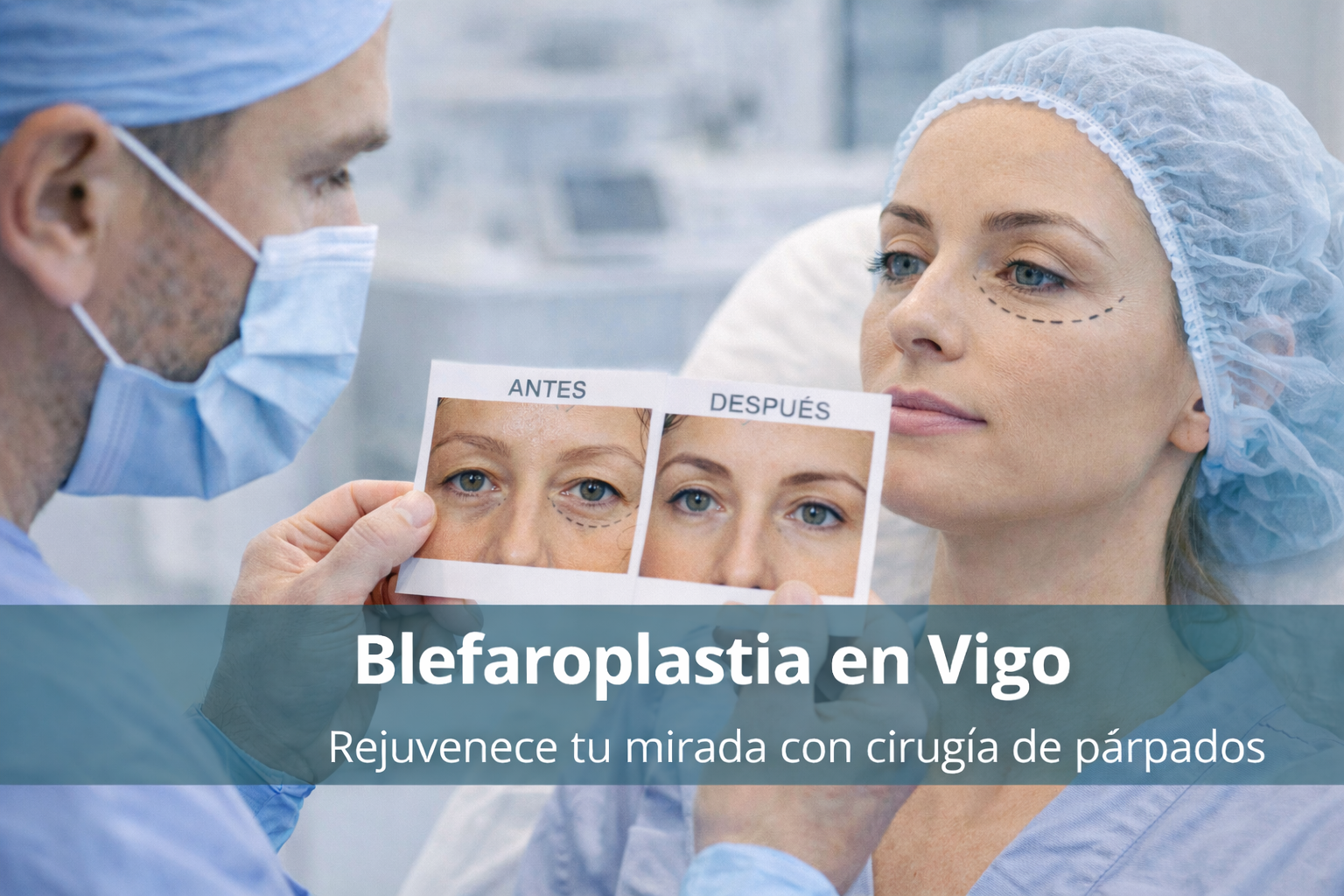 Consulta de blefaroplastia en Vigo mostrando resultados antes y después de cirugía de párpados