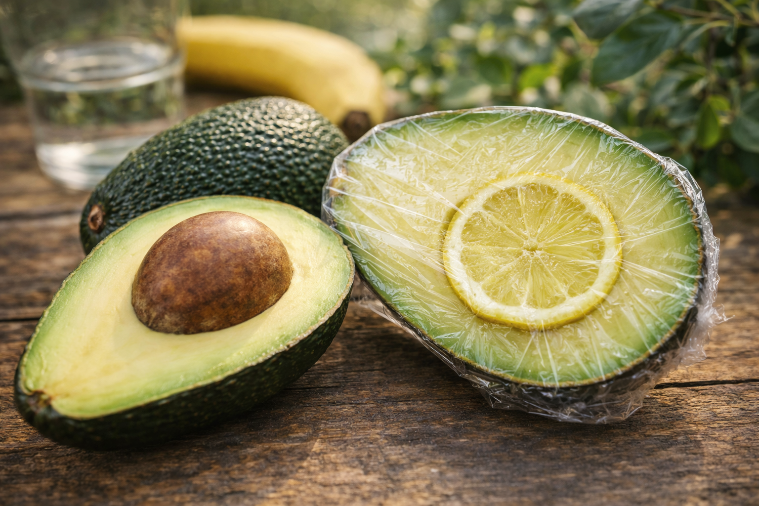 Mitad de aguacate con limón y film transparente mostrando cómo conservar el aguacate correctamente